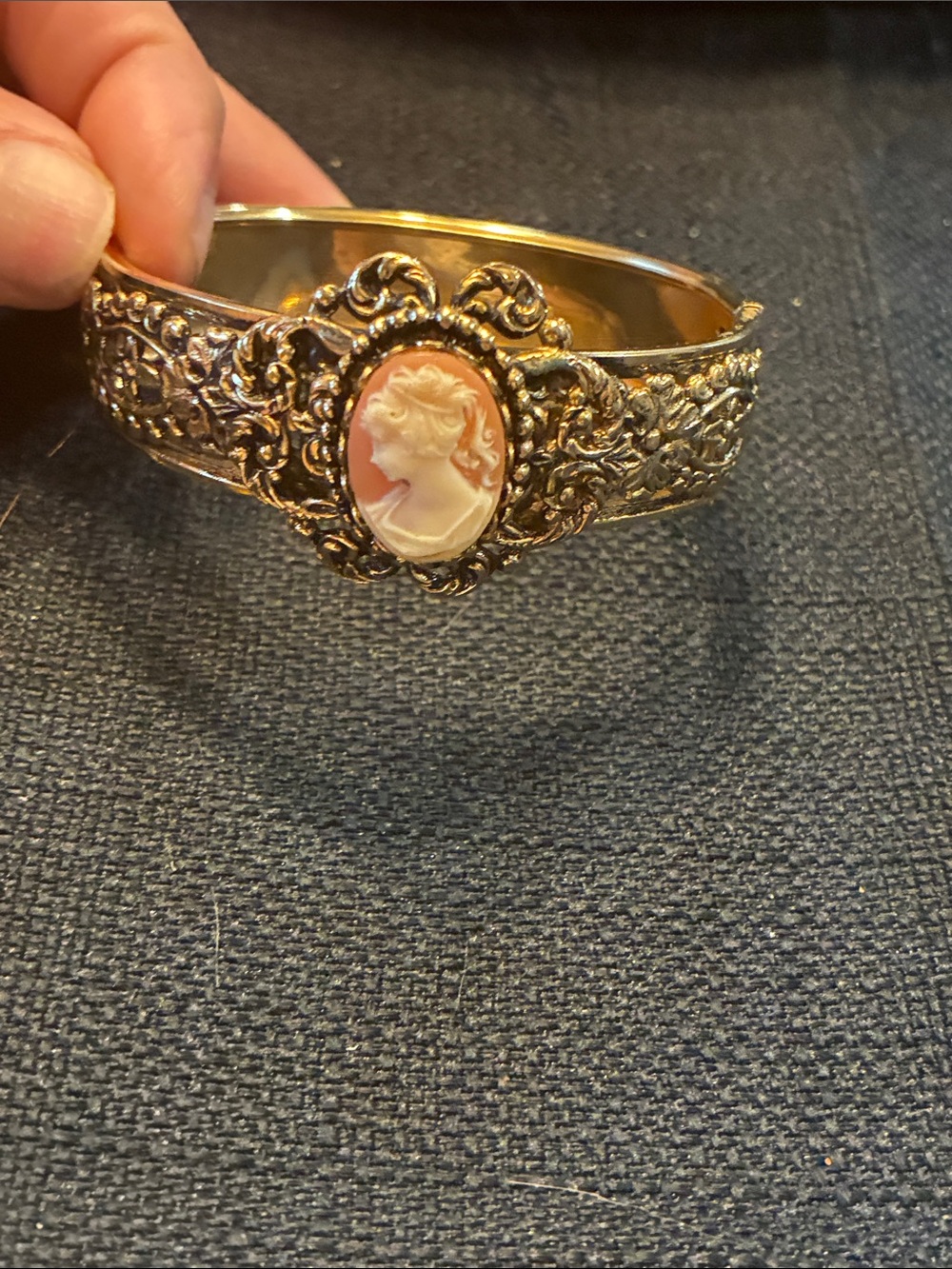 Gold Cameo Filigree Bangle Bracelet - Classic Women’s Jewelry
